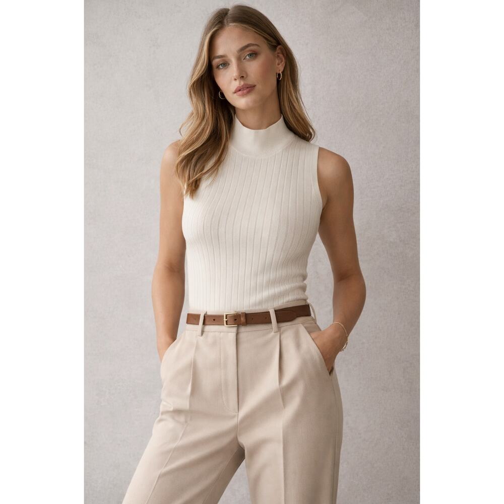 Banana Republic Franki Merino Wool Mock Neck Tank XL Cream Ribbed Sleeveless Top
